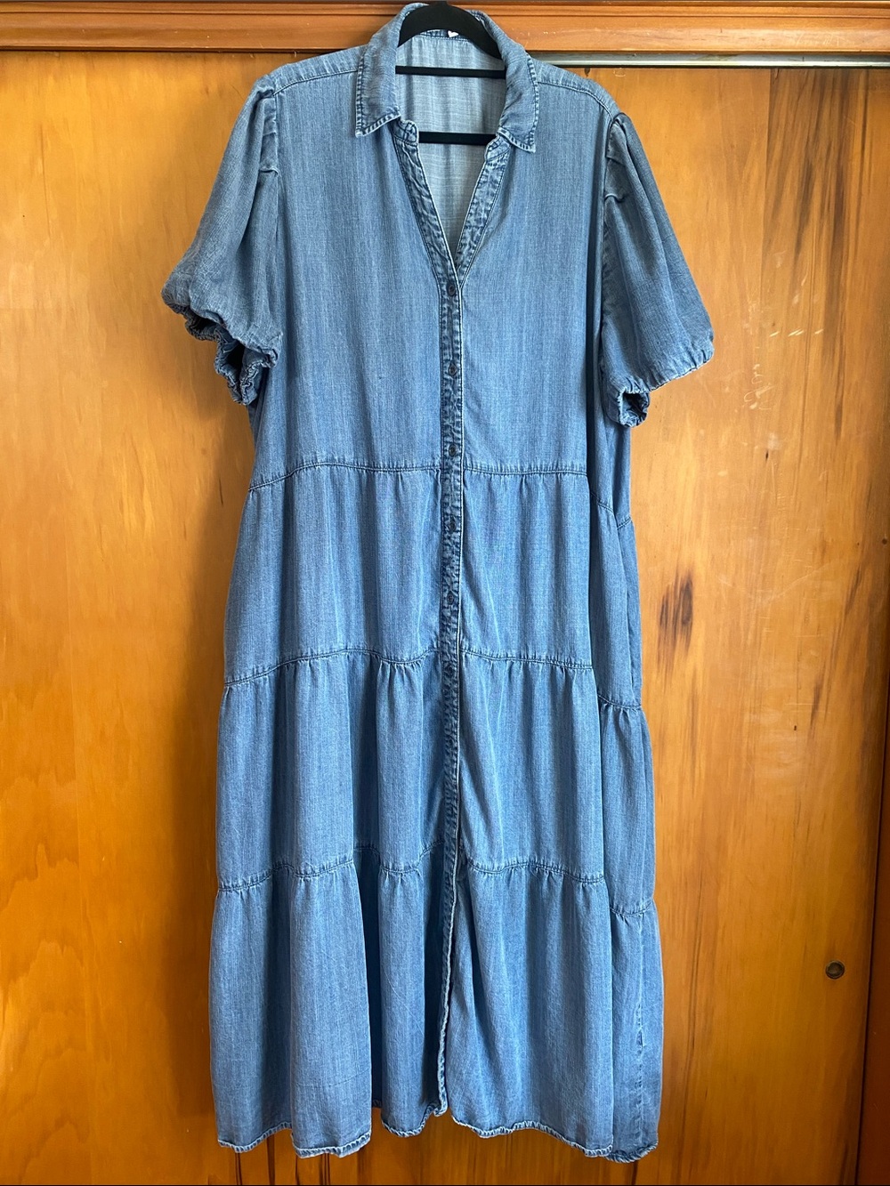 Velvet Heart Washed Blue Tiered Denim Midi Dress Cottage Western Boho Casual